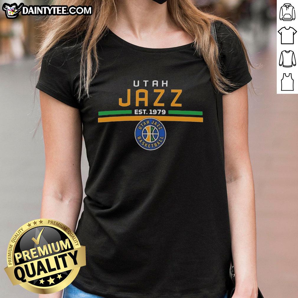 Hot Utah Jazz Est 1979 logo on a stylish ladies tee, perfect for fans showcasing team pride and vintage style.