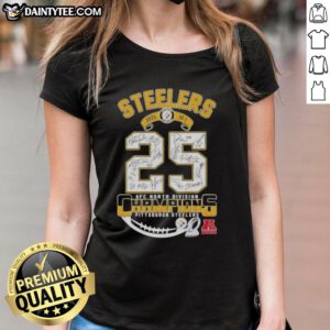 Alt Text: Pittsburgh Steelers 2025 AFC North Division Champions ladies tee featuring all player signatures.