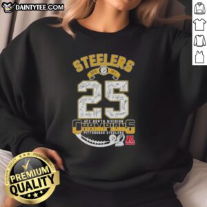 Alt Text: Pittsburgh Steelers AFC North Division Champions sweatshirt with all signatures, perfect for fans celebrating the 2025 victory.