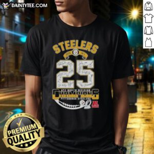 2025 AFC North Division Champions Pittsburgh Steelers T-Shirt featuring signatures of team players and memorabilia design.