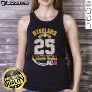 2025 AFC North Division Champions Pittsburgh Steelers tank top featuring player signatures and team logo.