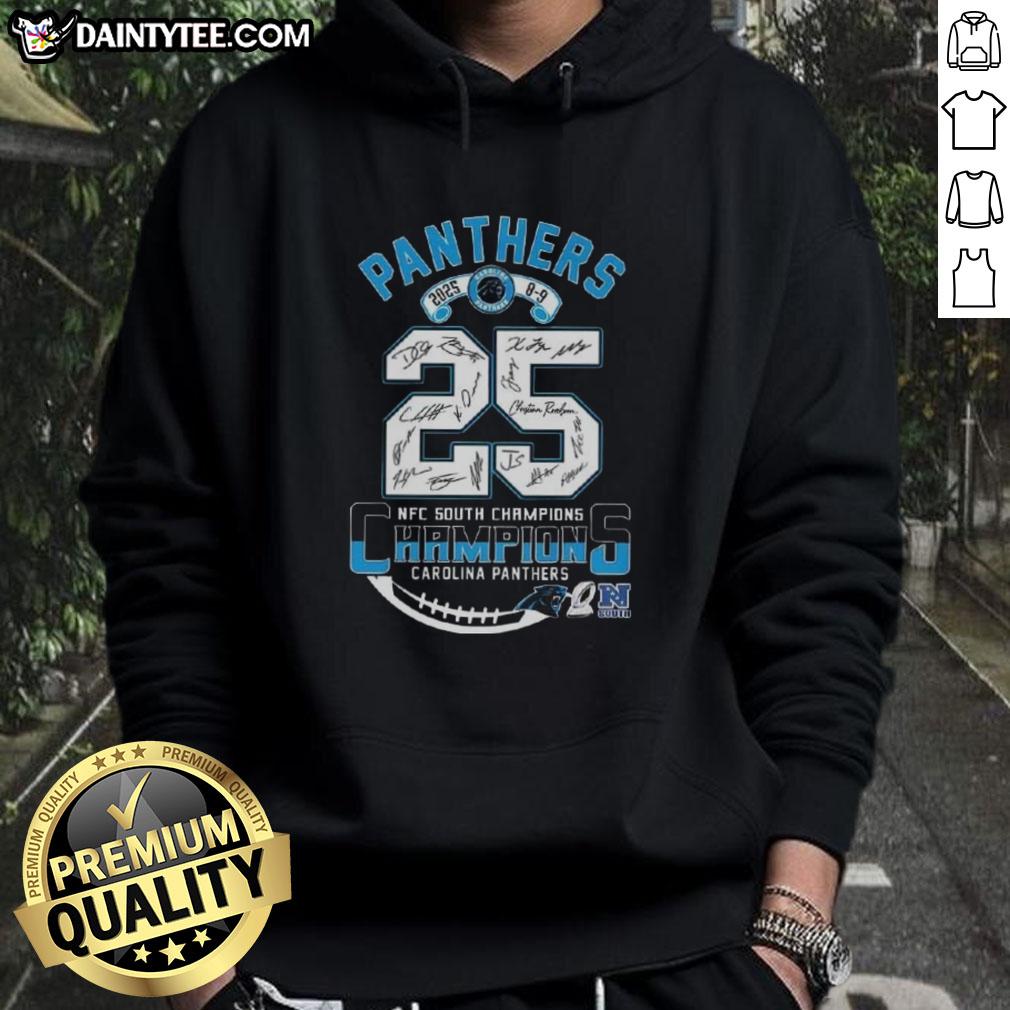 Alt Text: Carolina Panthers NFC South Division Champions Hoodie 2025, featuring all signatures, perfect for fans and collectors.
