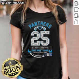 Carolina Panthers NFC South Division Champions 2025 Ladies Tee with all signatures, showcasing team pride and style.