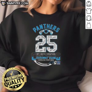 Carolina Panthers NFC South Division Champions 2025 sweatshirt featuring all signatures, perfect for fans and collectors.