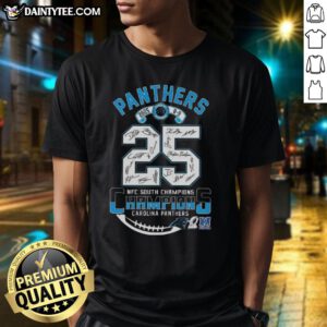 2025 NFC South Division Champions Carolina Panthers T-shirt featuring signatures of team players, perfect for fans.