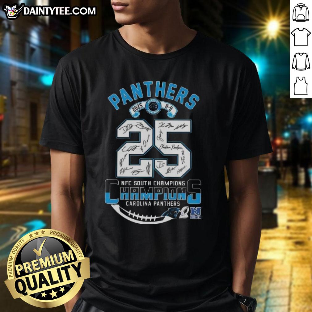 2025 NFC South Division Champions Carolina Panthers T-shirt featuring signatures of team players, perfect for fans.