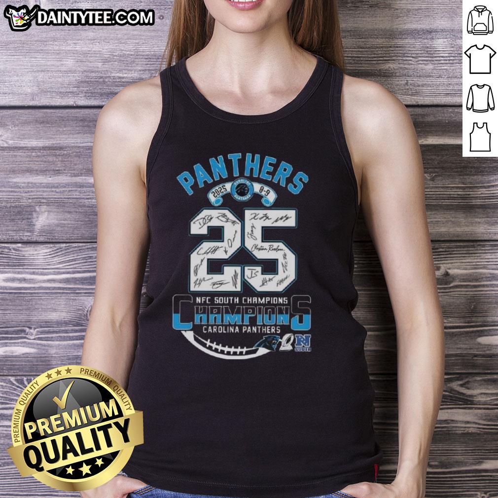 Carolina Panthers NFC South Division Champions tank top signed by team members, celebrating the 2025 season.