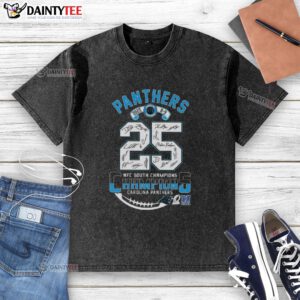 Carolina Panthers NFC South Division Champions 2025 T-shirt featuring all signatures, perfect for fans and collectors.