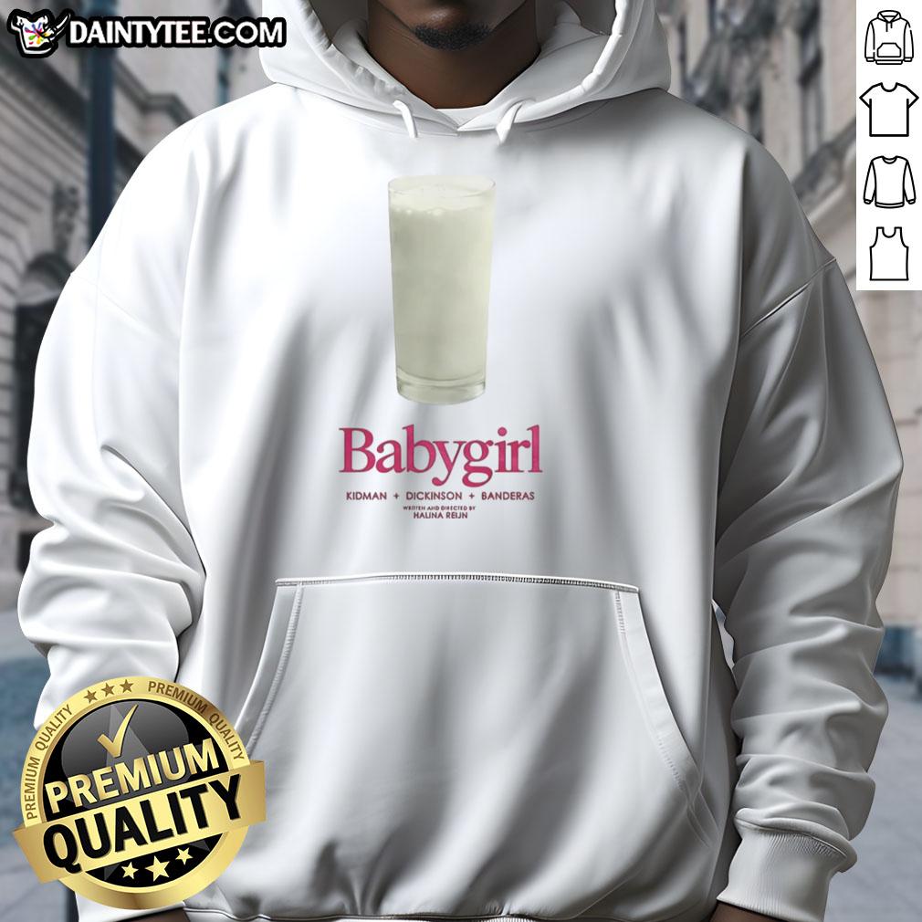 Cute baby girl wearing a Nice Babygirl hoodie featuring Kidman, Dickinson, and Banderas designs, perfect for stylish kids.