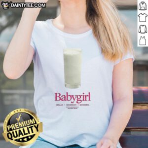 Alt Text: Cute baby girl in a stylish tee featuring Nice Babygirl, Kidman, Dickinson, and Banderas for trendy kids' fashion.
