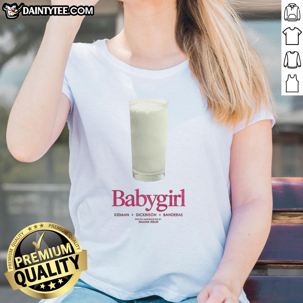Alt Text: Cute baby girl in a stylish tee featuring Nice Babygirl, Kidman, Dickinson, and Banderas for trendy kids' fashion.