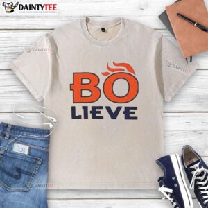 Nice Bo Believe Denver Broncos washed t-shirt featuring team colors and logo, perfect for fans and casual wear.