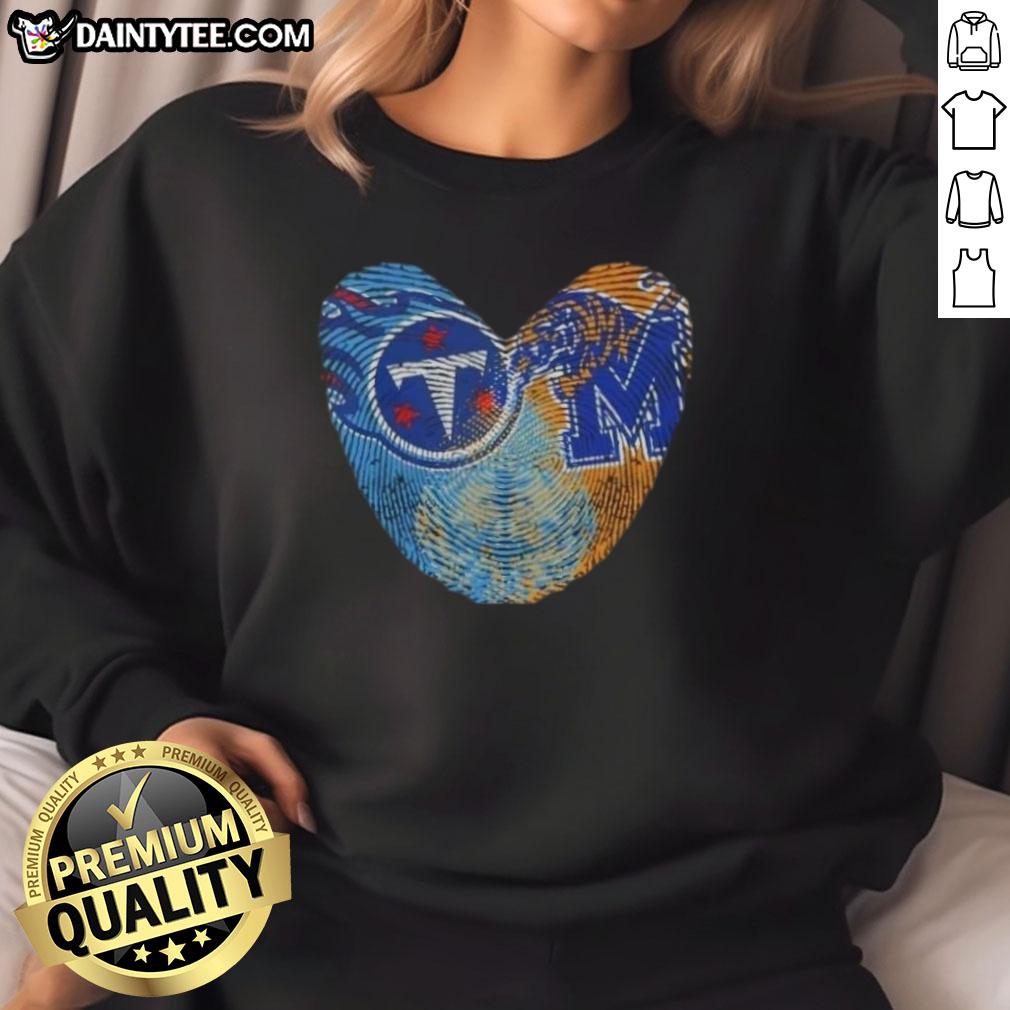 Alt Text: Nice Fingerprints Tennessee Titans x Memphis Tigers It's In My DNA sweatshirt showcasing team pride and style.
