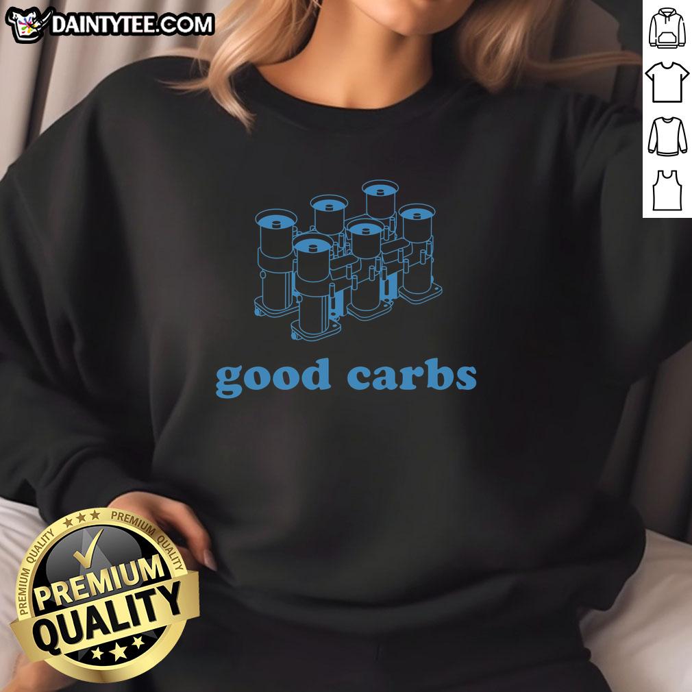 Navy sweatshirt with 'Nice Good Carbs Resolutions' text, ideal for fitness enthusiasts and healthy lifestyle advocates.
