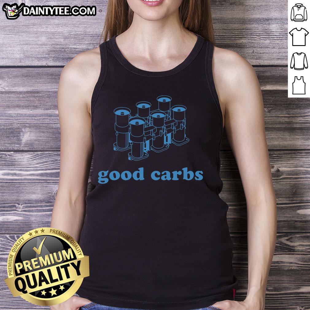 Six navy tank tops with 'Nice Good Carbs' resolution slogan for fitness and nutrition enthusiasts.