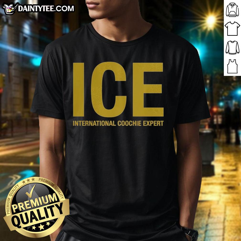 Alt Text: Nice Ice International Coochie Experts logo t-shirt featuring a bold graphic design and vibrant colors.