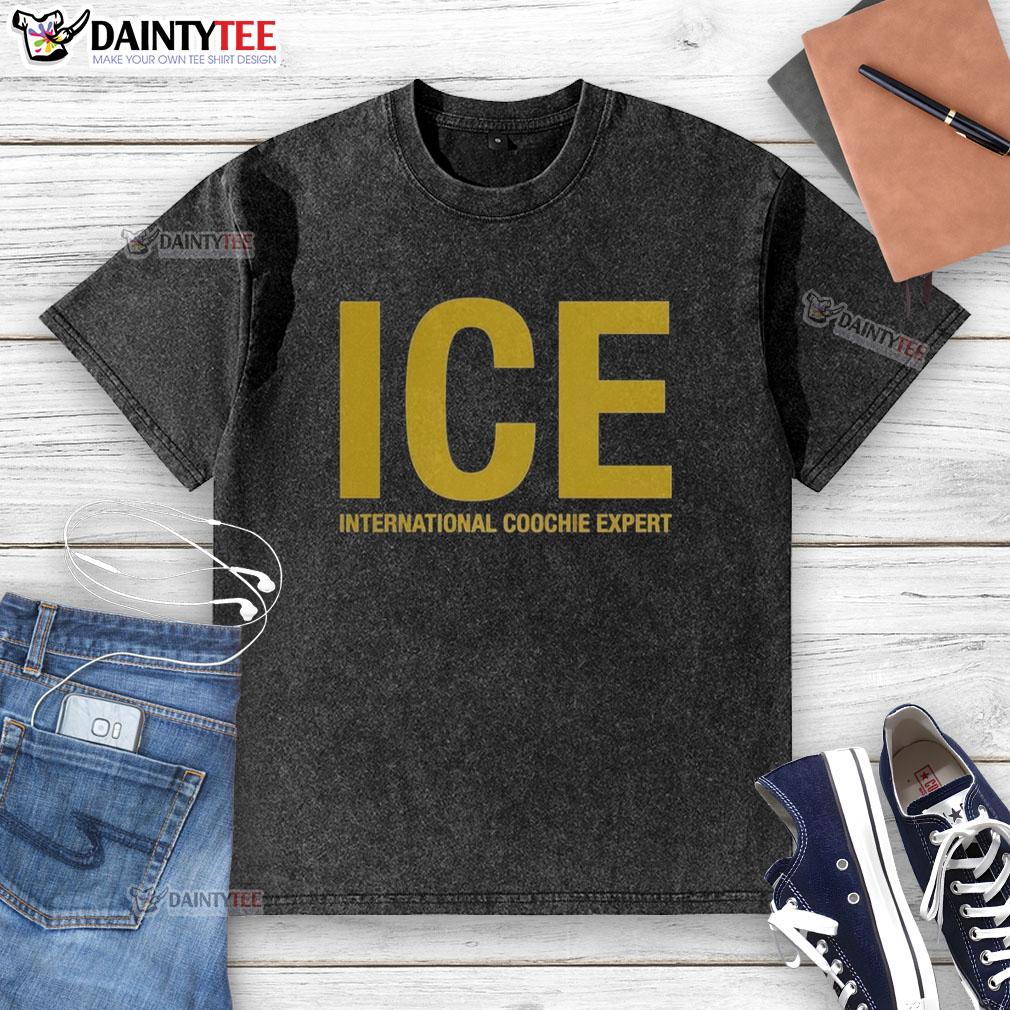 Nice ICE International Coochie Experts logo on a washed t-shirt, showcasing a trendy and casual style.