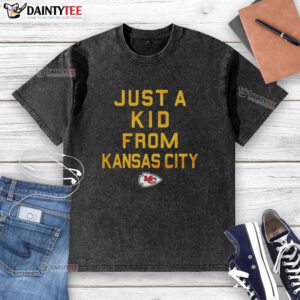 Alt Text: Nice Kansas City Chiefs Just A Kid From Kansas City washed t-shirt, showcasing team pride and casual style.