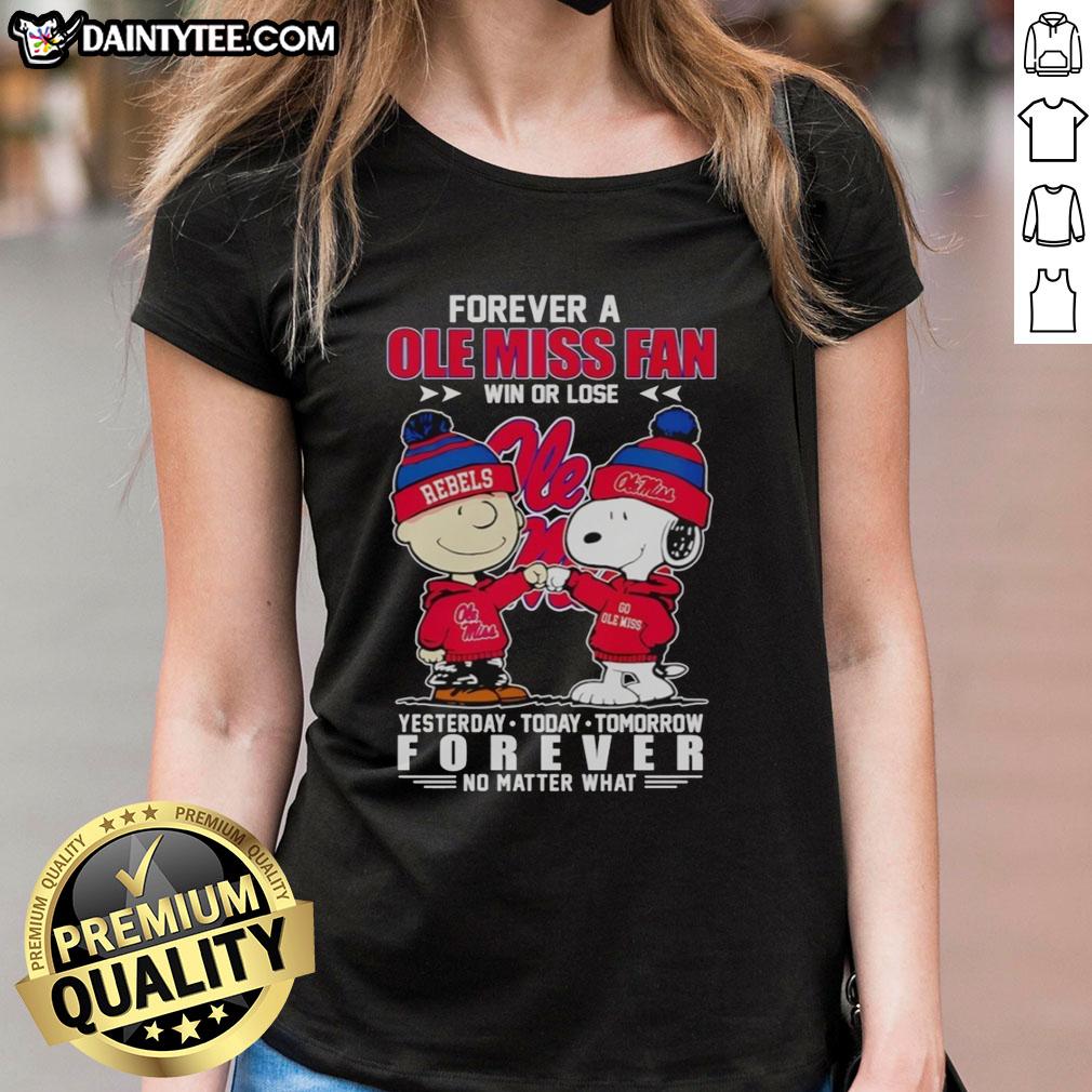 Nice Snoopy and Charlie Brown Forever Ole Miss Rebels Fan Tee for ladies, celebrating team spirit win or lose.