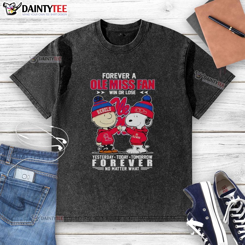 Snoopy and Charlie Brown on a washed Ole Miss Rebels fan t-shirt, celebrating loyalty win or lose every day.