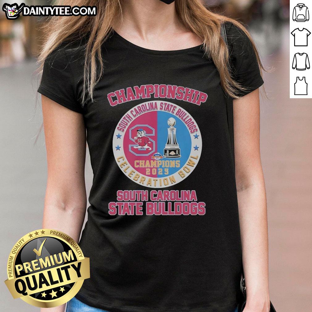 Alt Text: Nice South Carolina State Bulldogs Celebration Bowl Champions 2025 Circle Logo on Ladies Tee shirt.