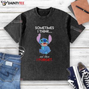 Alt Text: Cartoon design on a washed t-shirt featuring Sometimes I think and then I forget with a playful stitch effect.