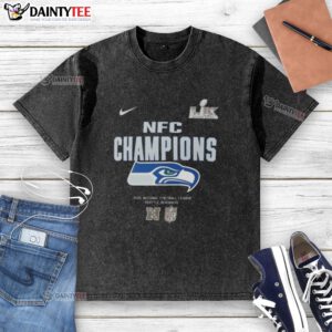 Alt Text: 2025 NFC Champions Seattle Seahawks washed t-shirt celebrating Super Bowl LX victory in stylish design.