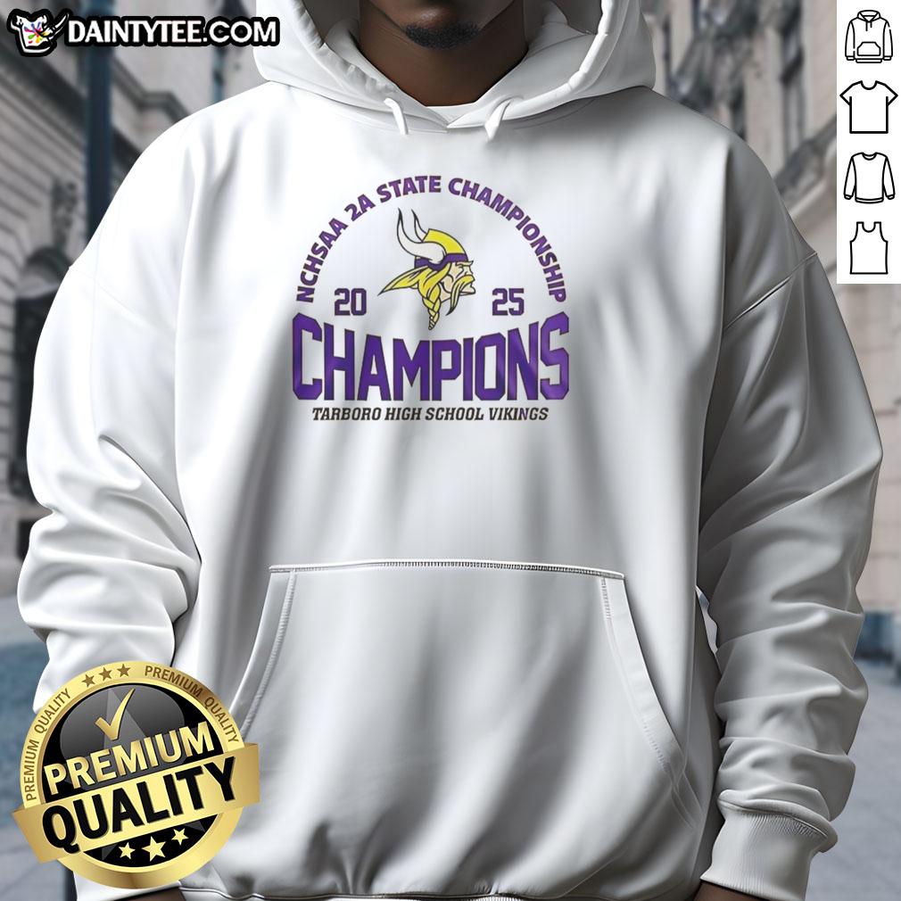 Alt Text: Nice Tarboro High School Vikings 2025 NCHSAA 2A State Championship hoodie featuring school colors and logo.