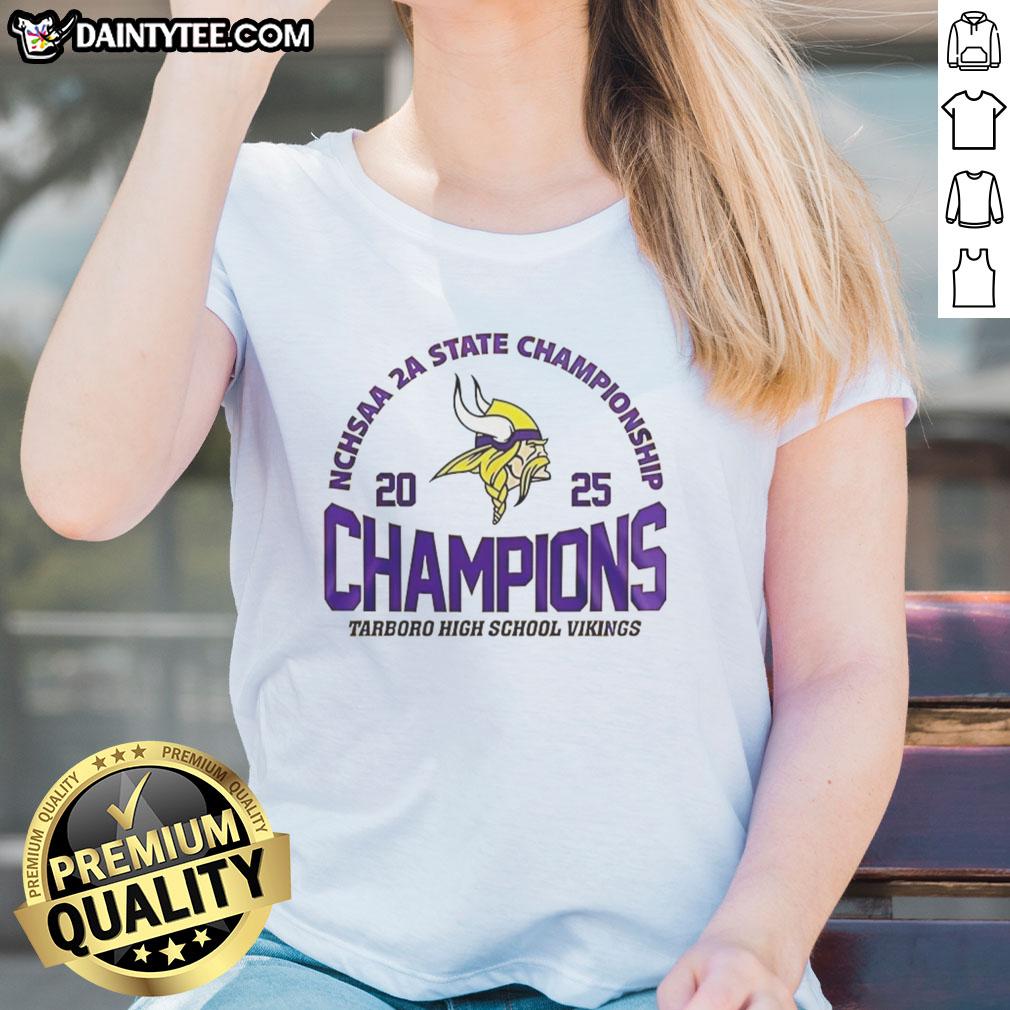 Nice Tarboro High School Vikings 2025 NCHSAA 2A State Championship ladies tee featuring school colors and logo.