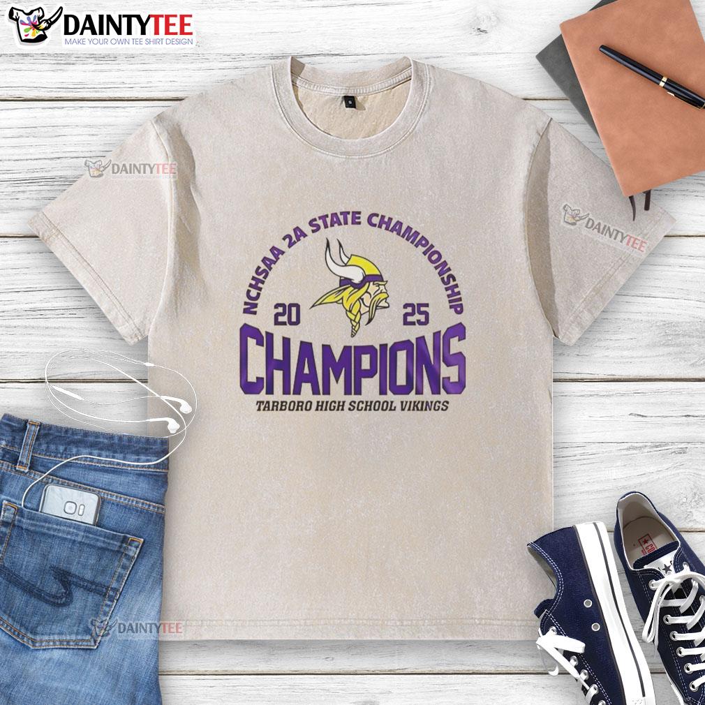 Nice Tarboro High School Vikings 2025 NCHSAA 2A State Championship washed t-shirt featuring team colors and logo.