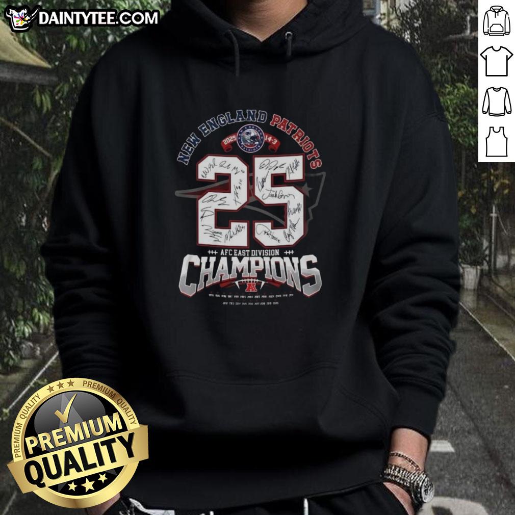 Alt Text: Official New England Patriots AFC East Division Champions Signature Hoodie showcasing team logo and championship details.