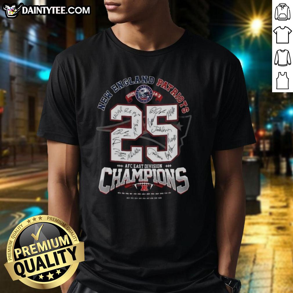 Official New England Patriots AFC East Division Champions Signature T-Shirt featuring team logo and championship details.