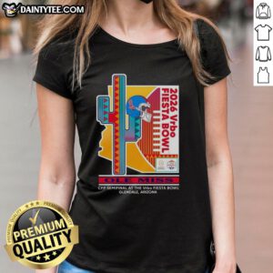 Official Ole Miss Rebels 2026 CFP Semifinal VRBO Fiesta Bowl ladies tee featuring team colors and logo.