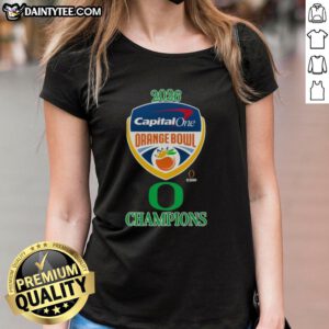 Official Oregon Ducks 2026 Capital One Orange Bowl Champions logo on a stylish ladies tee, perfect for fans and celebrations.