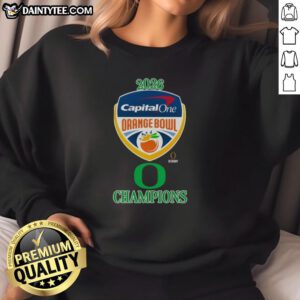 Official Oregon Ducks 2026 Capital One Orange Bowl Champions logo sweatshirt featuring vibrant team colors and design.