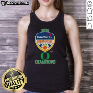 Official Oregon Ducks 2026 Capital One Orange Bowl Champions logo tank top featuring team colors and design.