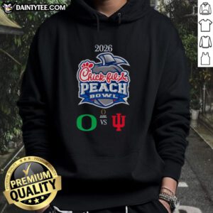 Official Oregon Ducks vs Indiana Hoosiers 2026 Chick-fil-A Peach Bowl hoodie featuring team logos and vibrant colors.