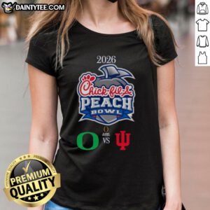 Official Oregon Ducks vs Indiana Hoosiers 2026 Chick-fil-A Peach Bowl ladies tee featuring team logos and vibrant design.