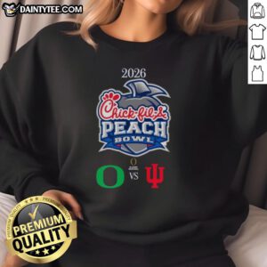 Official Oregon Ducks vs Indiana Hoosiers 2026 Chick-fil-A Peach Bowl sweatshirt featuring team logos and vibrant colors.