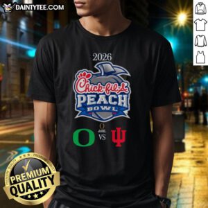 Official Oregon Ducks vs Indiana Hoosiers 2026 Chick-Fil-A Peach Bowl T-Shirt featuring team logos and vibrant colors.