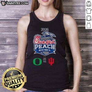 Official Oregon Ducks vs Indiana Hoosiers 2026 Chick-fil-A Peach Bowl tank top featuring vibrant team logos and colors.