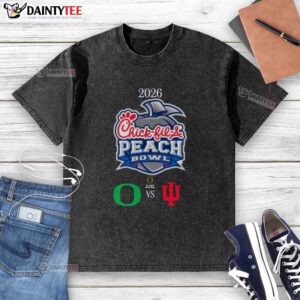 Alt Text: Official Oregon Ducks vs Indiana Hoosiers 2026 Chick-fil-A Peach Bowl washed t-shirt featuring team logos and colors.