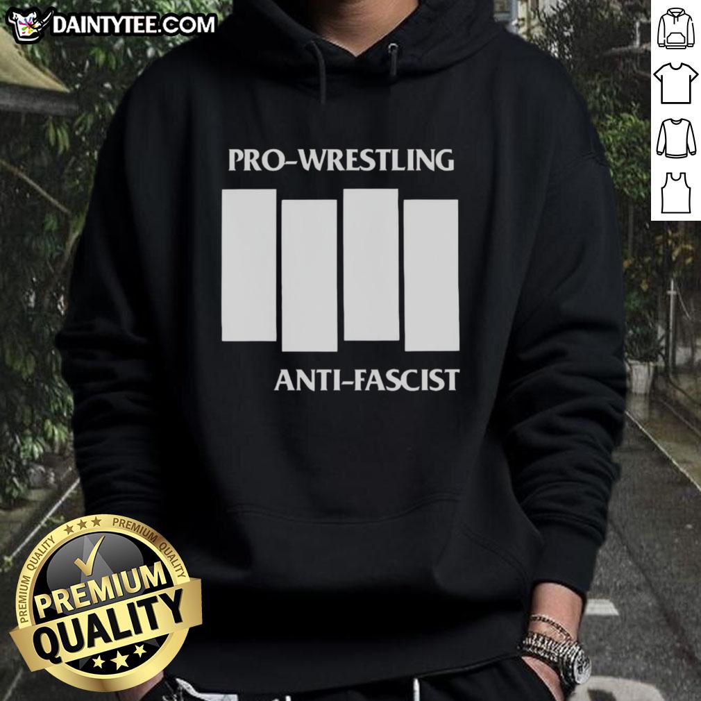 Official Pro Wrestling Anti-Fascist Four White Lines Parody Logo Hoodie showcasing bold logo design in vibrant colors.