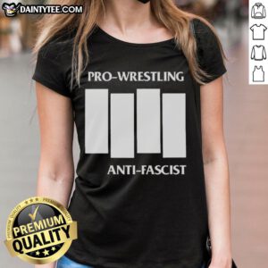 Alt Text: Official Pro Wrestling Anti-Fascist Four White Lines Parody Logo on a stylish ladies tee, promoting unity and resistance.