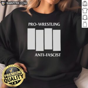 Alt Text: Official Pro Wrestling Anti-Fascist Four White Lines parody logo sweatshirt in black, promoting anti-fascism.
