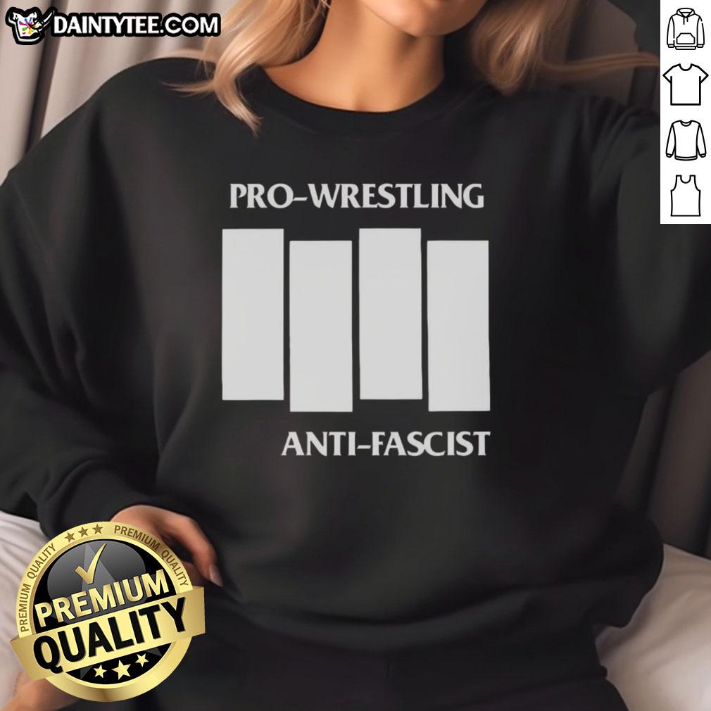 Alt Text: Official Pro Wrestling Anti-Fascist Four White Lines parody logo sweatshirt in black, promoting anti-fascism.