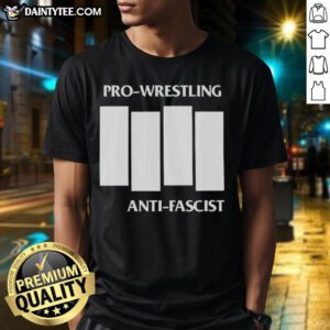 Alt Text: Official Pro-Wrestling Anti-Fascist Four White Lines parody logo T-shirt featuring bold graphics and a statement design.