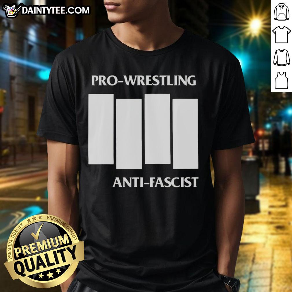 Alt Text: Official Pro-Wrestling Anti-Fascist Four White Lines parody logo T-shirt featuring bold graphics and a statement design.