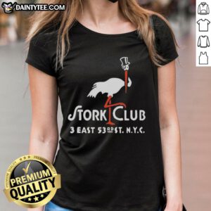Alt Text: Vintage logo of The Stork Club restaurant in East New York City on a ladies' tee shirt, showcasing classic design.