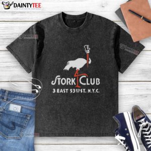 Alt Text: Vintage Stork Club logo on a washed t-shirt, showcasing the iconic East New York City restaurant design.